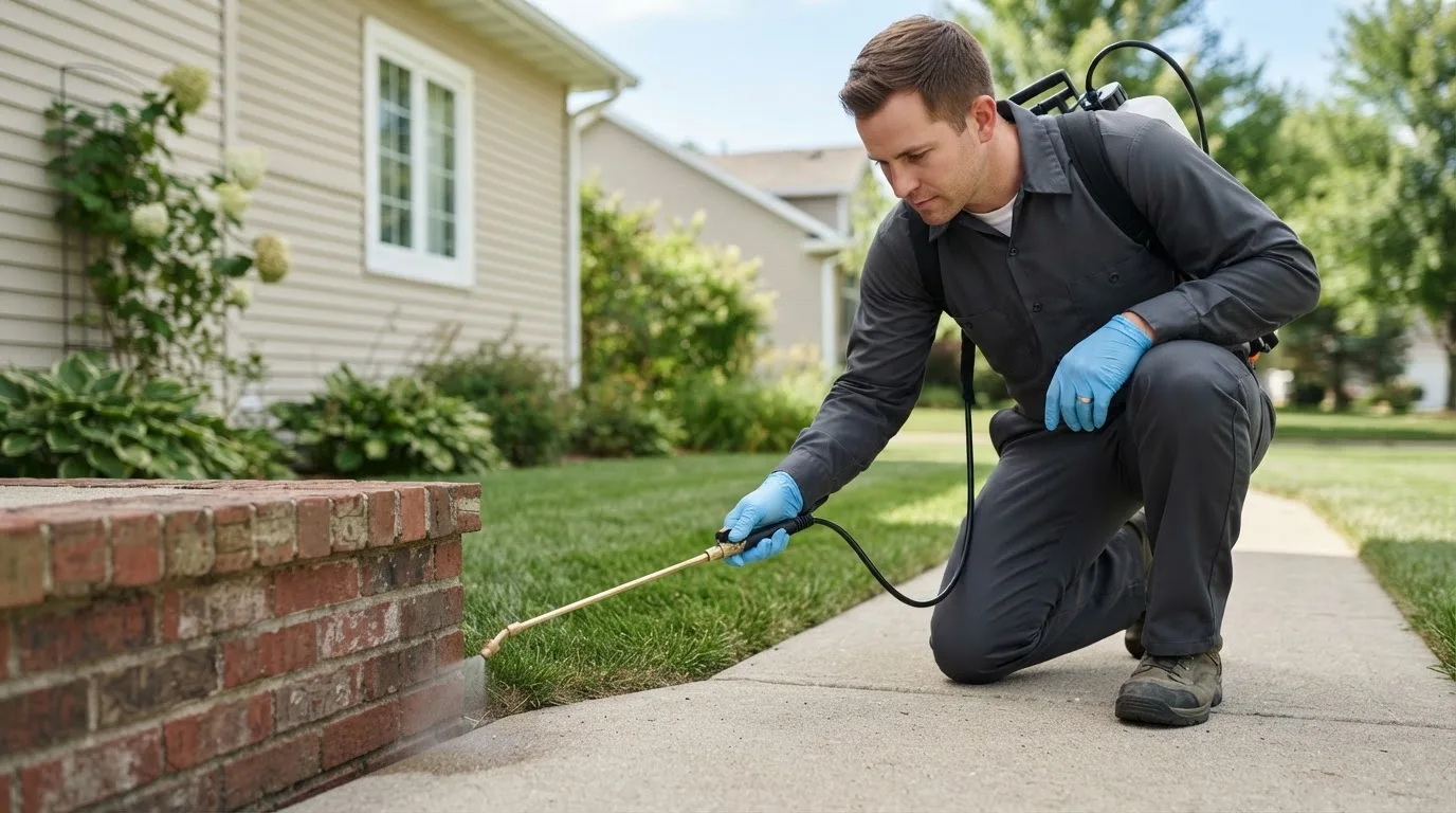 Pest control technician treating a home near Chester, IL